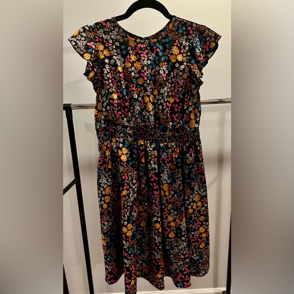 SHEIN Black Floral Ruffle Sleeve Dress with Pink Yellow Blue Accents